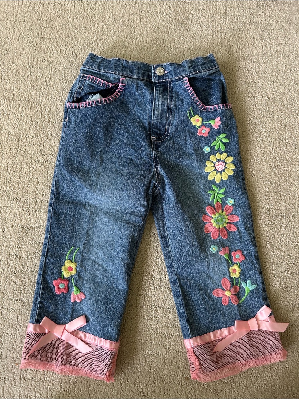 Y2K floral embroidered denim capri jeans embellished girls size 6 Flapadoodles